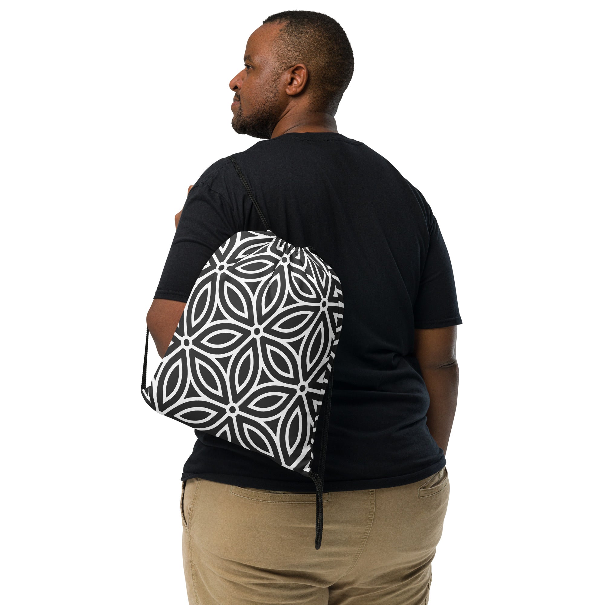 *Black & White Floral* Design Drawstring Bag
