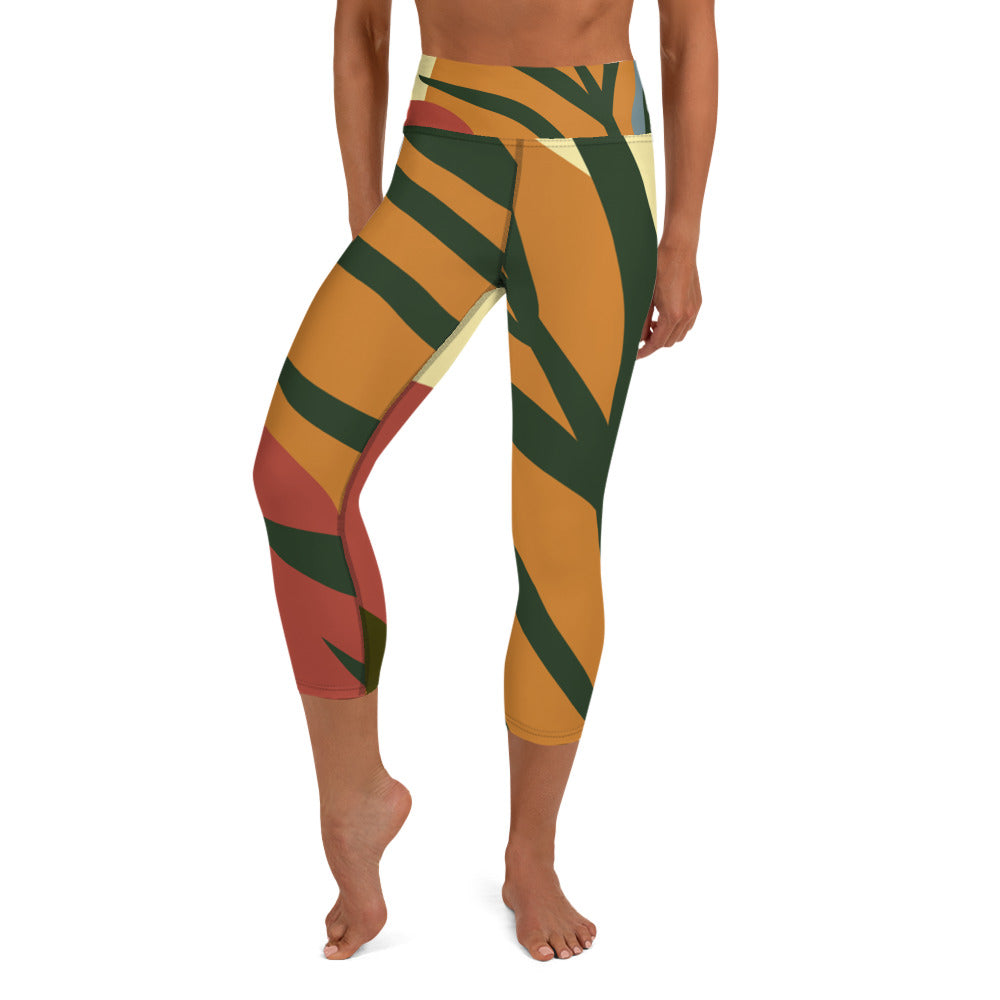 Multi-Colored *Botanic* Design Ladies Capri-Length Yoga Leggings