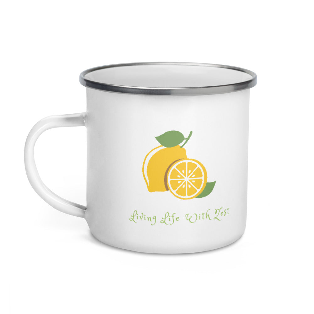 Mug *Living Life With Zest* Lemon Custom Design, Enamel Mug