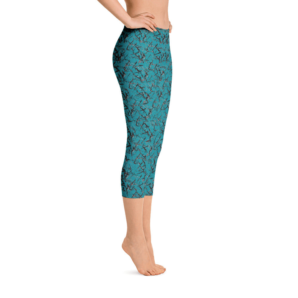 *Marble* Black and Teal Design, Capri-Length Leggings.